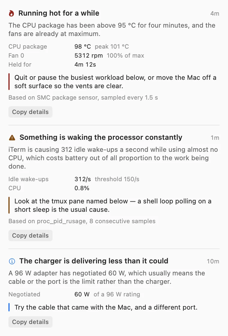 Three notices, each with a measured table and a recommendation: running hot for a while, something waking the processor constantly, and the charger delivering less than it could.
