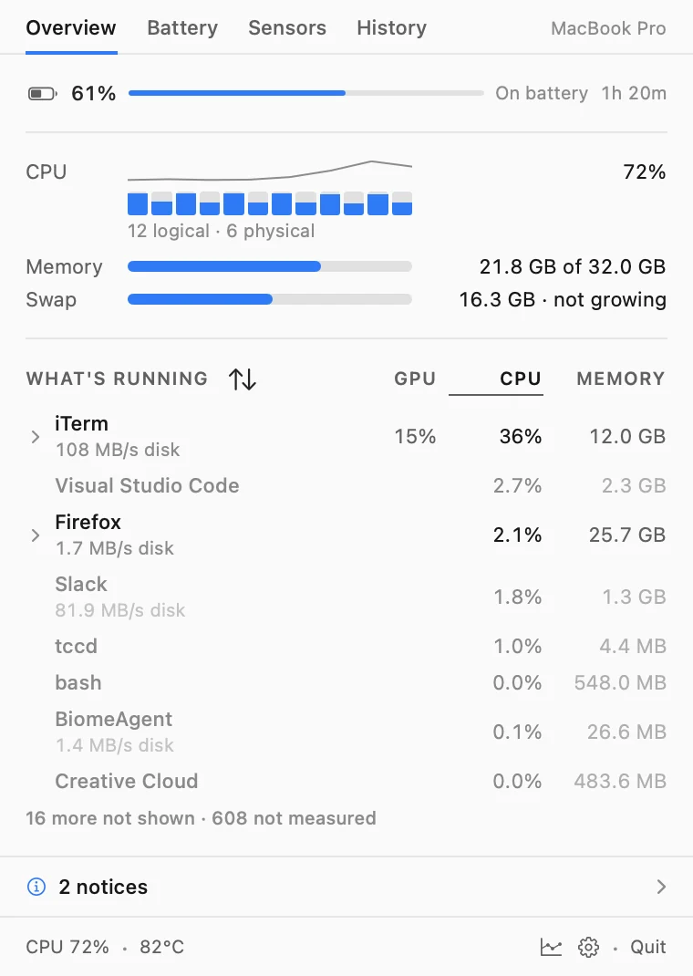 The Skopos Overview panel: battery, a CPU sparkline and per-core strip, memory and swap bars, then a list of what is running with each app broken down by workload.